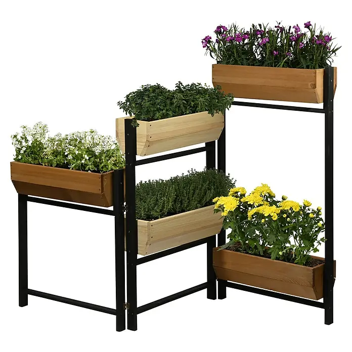 Dobar Hochbeet Flexi - L x B x H: 165 x 18 x 105 cm, Holz, Schwarz, Braun, Natur - Mehrstöckiger Pflanzturm mit bunten Blumen. Die Holzkästen sind mit verschiedenen Pflanzen bepflanzt und bieten eine schöne vertikale Gartenlösung.