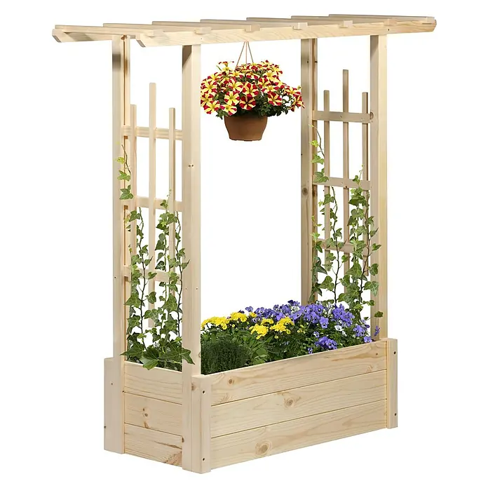 Dobar Pflanzkasten - Außenmaß (L x B x H): 117 x 39 x 119 cm, Holz, Hellbraun - Holzpflanzgefäß mit Rankgitter, bepflanzt mit bunten Blumen und Efeu. Hängeampel mit Petunien rundet das Bild ab.