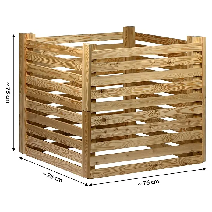 Dobar Komposter Semi - 350 l, 76 x 76 x 73 cm - Detailaufnahme eines Kompostbehälters aus Holzlatten, ideal für Gartenabfälle und zur Herstellung von natürlichem Dünger im Garten.