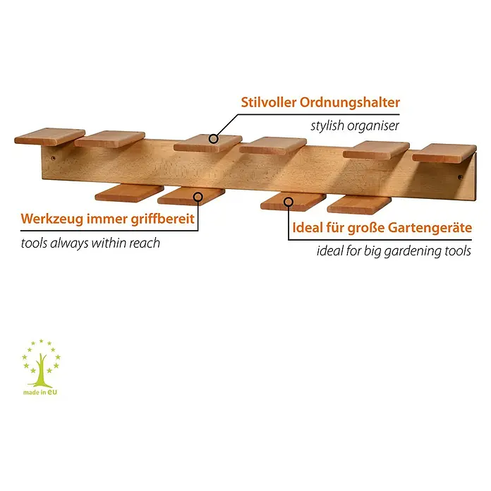 Dobar Gerätehalter groß - L x B x H: 96 x 15 x 14 cm, Rotbuche - Dieses Bild zeigt einen Weinregalhalter aus Holz. Der Weinregalhalter ist eine stilvolle und praktische Ergänzung für jede Bar oder Küche.