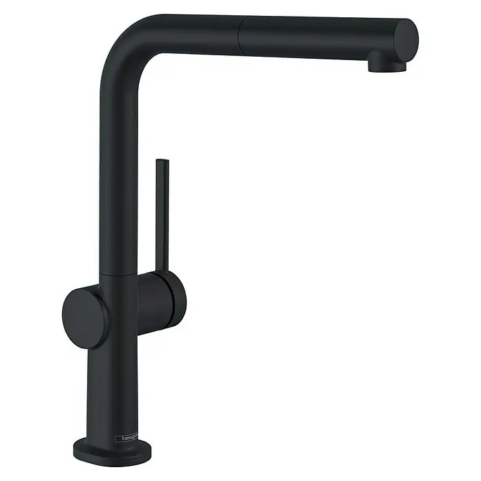 Hansgrohe Talis Spültischarmatur M54 - Höhe: 296 mm, Mattschwarz, Ohne sBox - Mattschwarze L-förmige Küchenarmatur mit Einhebelmischer und Ausziehbrause.