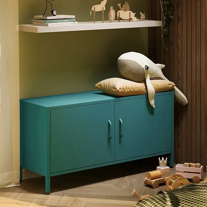 Jan Nowak TV-Schrank Rosa - H x B x T: 59,5 x 115 x 40 cm, Meeresgrün - Türkiser Aufbewahrungsschrank mit zwei Türen und Griffen, unter einem Regal platziert.