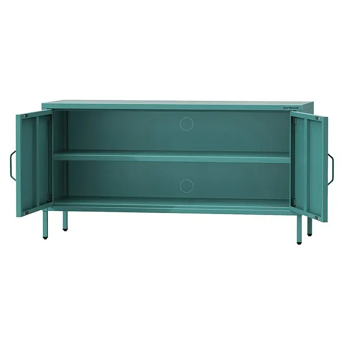 Jan Nowak TV-Schrank Rosa - H x B x T: 59,5 x 115 x 40 cm, Meeresgrün - Türkiser Metallschrank mit zwei offenen Türen, zwei Regalen und Beinen.