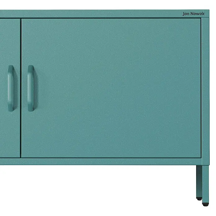 Jan Nowak TV-Schrank Rosa - H x B x T: 59,5 x 115 x 40 cm, Meeresgrün - Türkisgrüner Metallschrank mit zwei Türen, Griffen, kurzen Beinen und 'Jan Nowak' Aufschrift.