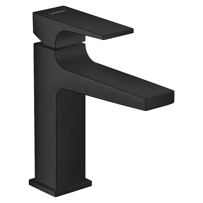 Hansgrohe Metropol Waschtischarmatur 110 - Schwarz, Push-Open-Ablaufgarnitur - Mattschwarze Einhebel-Waschtischarmatur mit rechteckigem Design, Hansgrohe Heiß-/Kaltanzeigen.