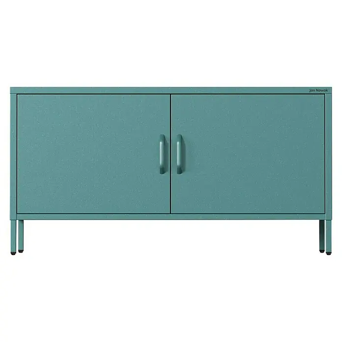 Jan Nowak TV-Schrank Rosa - H x B x T: 59,5 x 115 x 40 cm, Meeresgrün - Hellblaugrüner Metallschrank mit zwei Türen und Griffen auf Beinen.