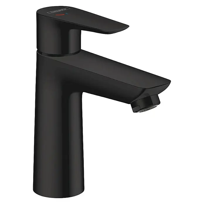 Hansgrohe Talis E Waschtischarmatur 110 CoolStart - Schwarz, Höhe: 16,2 cm - Eleganter, mattschwarzer Einhebel-Waschtischmischer mit flachem Griff und rechteckigem Auslauf, Hansgrohe-Markenlogo.