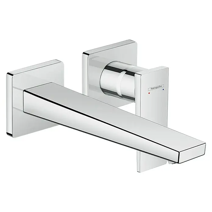 Hansgrohe Metropol Waschtischarmatur - Ausladung Armatur: 225 mm, Chrom, Glänzend - Moderner, verchromter Hansgrohe Wandarmatur mit rechteckigem Auslauf und integriertem quadratischem Griff.