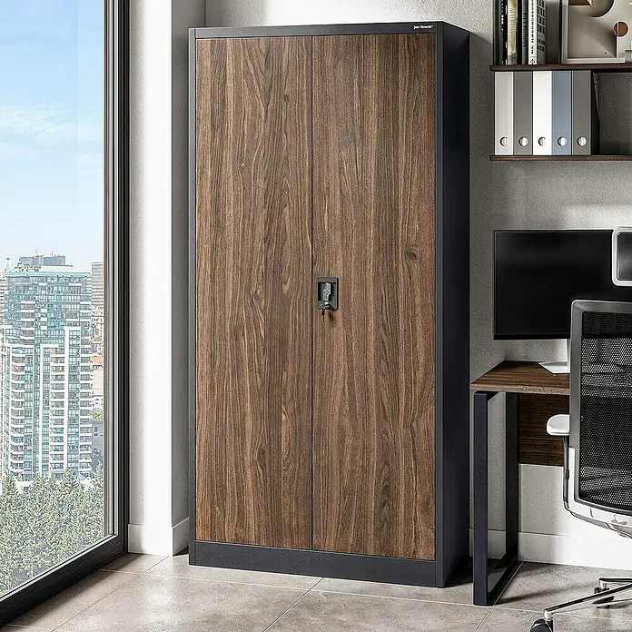 Jan Nowak Aktenschrank Jan - B x T x H: 90 x 40 x 185 cm, Anthrazit/Nussbaum - Zweitüriger Holzmaserungsschrank mit dunklem Rahmen und Schloss, geeignet für Bürolagerung.