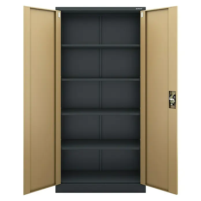 Jan Nowak Aktenschrank Jan - B x T x H: 90 x 40 x 185 cm, Anthrazit/Nussbaum - Offener Metallschrank mit beigen Türen und dunkelgrauen Ablagen.