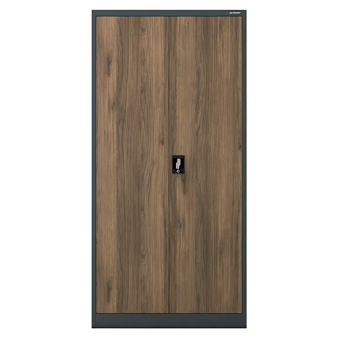 Jan Nowak Aktenschrank Jan - B x T x H: 90 x 40 x 185 cm, Anthrazit/Nussbaum - Zweitüriger Aktenschrank mit dunkler Holzoptik, dunkelgrauem Rahmen und schwarzem Schloss mit Schlüssel.