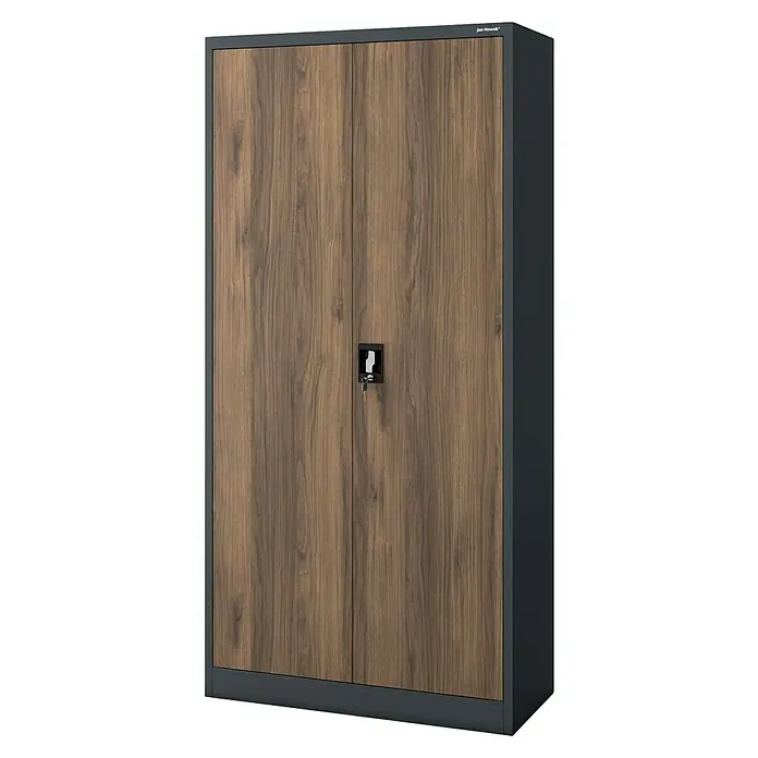 Jan Nowak Aktenschrank Jan - B x T x H: 90 x 40 x 185 cm, Anthrazit/Nussbaum - Zweitüriger Aufbewahrungsschrank mit Holzmaserungsfront und dunkelgrauem Rahmen, abschließbar mit Schlüsseln.