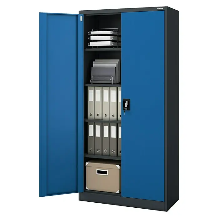 Jan Nowak Aktenschrank Jan - B x T x H: 90 x 40 x 185 cm, Anthrazit/Blau - Offener blauer Metallaktenschrank mit Ordnern, Papierablagen und einer Aufbewahrungsbox auf Regalen.
