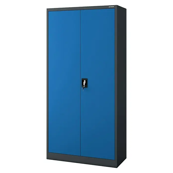 Jan Nowak Aktenschrank Jan - B x T x H: 90 x 40 x 185 cm, Anthrazit/Blau - Blauer Metallschrank mit zwei Türen, dunkelgrauem Rahmen und Schloss mit Schlüsseln, ideal für sichere Aufbewahrung.