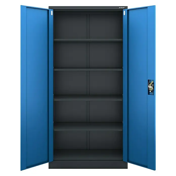 Jan Nowak Aktenschrank Jan - B x T x H: 90 x 40 x 185 cm, Anthrazit/Blau - Blauer Metallschrank mit offenen Türen und dunkelgrauen Regalböden.
