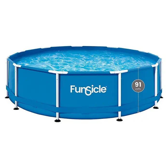 Funsicle Frame-Pool Activity - Ø x H: 366 x 91 cm, Blau, 8.366 l - Blaues FunSicle Aufstellbecken mit weißem Metallrahmen, gefüllt mit Wasser, zeigt 91 cm Tiefe.