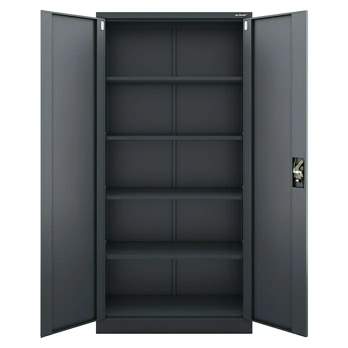 Jan Nowak Aktenschrank Jan - B x T x H: 90 x 40 x 185 cm, Anthrazit - Dunkelgrauer Metallschrank mit offenen Türen und mehreren verstellbaren Einlegeböden.