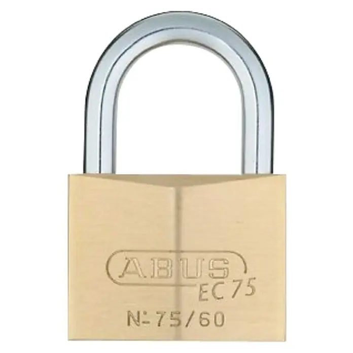 Abus Candado EC-75/50 - An x Al: 50 x 77 mm, Latón, Arco normal - Primer plano de un candado ABUS EC 75, con cuerpo de latón y grillete de color plateado, que garantiza seguridad y protección.