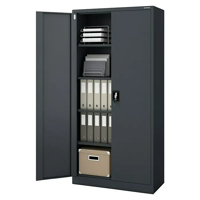Jan Nowak Aktenschrank Jan - B x T x H: 90 x 40 x 185 cm, Anthrazit - Dunkelgrauer Metall-Büroschrank mit geöffneter Tür, Regale mit Akten, Ordnern und einer Aufbewahrungsbox.