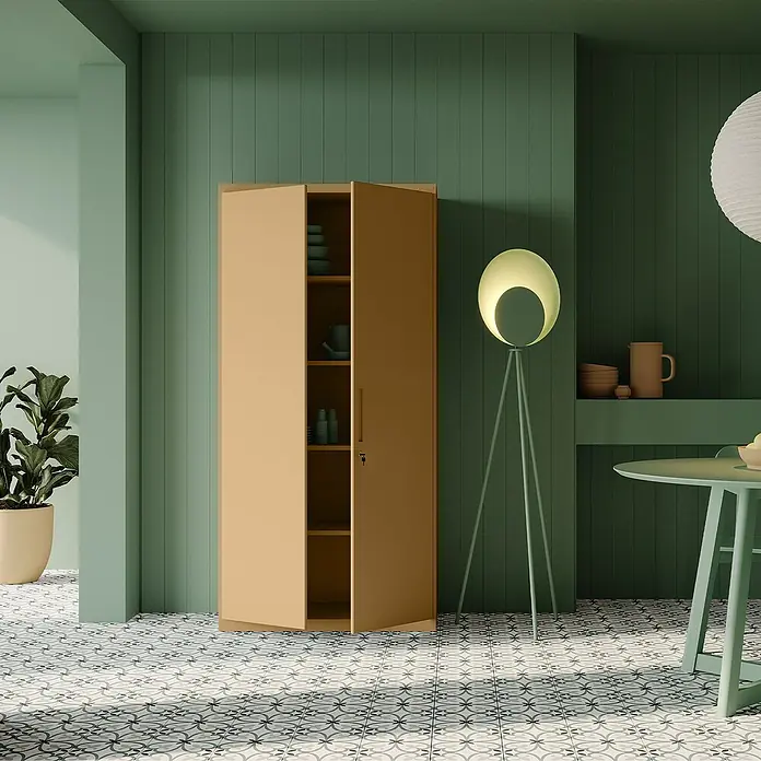 Jan Nowak Aktenschrank Jan - B x T x H: 90 x 40 x 185 cm, Beige - Beiger Schrank mit offenen Türen, der Regale mit Geschirr zeigt.
