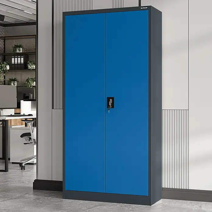 Jan Nowak Aktenschrank Jan - B x T x H: 90 x 40 x 185 cm, Anthrazit/Blau - Hoher blauer Metallschrank mit zwei Türen und Schloss, für Bürolagerung.