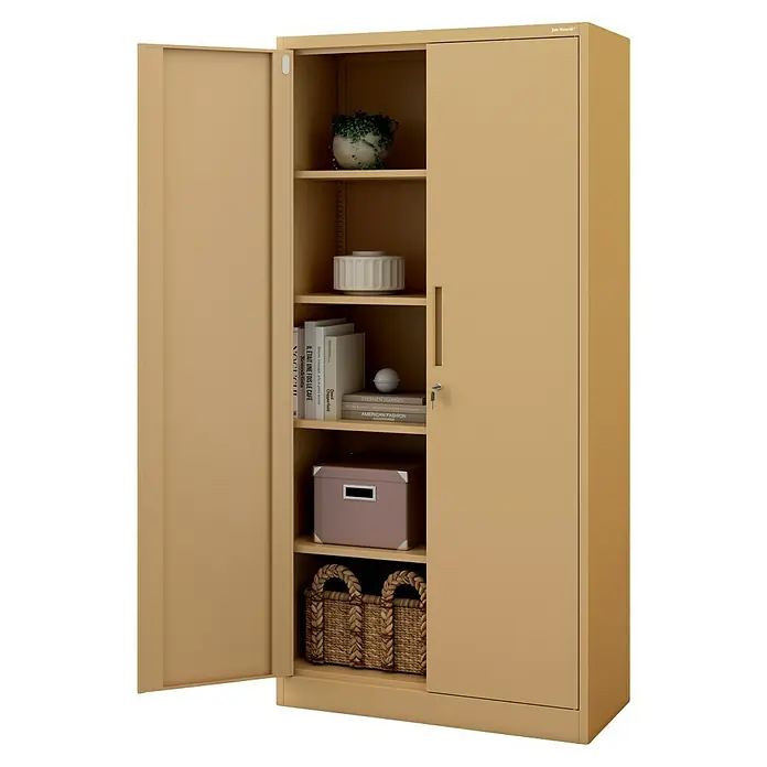 Jan Nowak Aktenschrank Jan - B x T x H: 90 x 40 x 185 cm, Beige - Beiger Metallschrank mit einer geöffneten Tür, der Regale zeigt. Ideal zur Organisation zu Hause oder im Büro.
