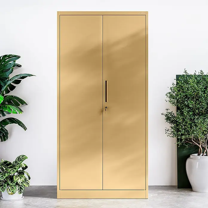 Jan Nowak Aktenschrank Jan - B x T x H: 90 x 40 x 185 cm, Beige - Goldfarbener zweitüriger Metallschrank mit Griff und Schlüsselloch.
