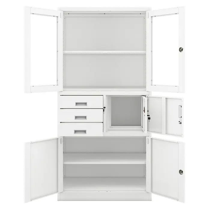 Jan Nowak Aktenschrank Filip - B x T x H: 90 x 40 x 185 cm, Weiß - Weißer Metallschrank mit offenen Regalen, drei Schubladen und einem kleinen Innensafe.