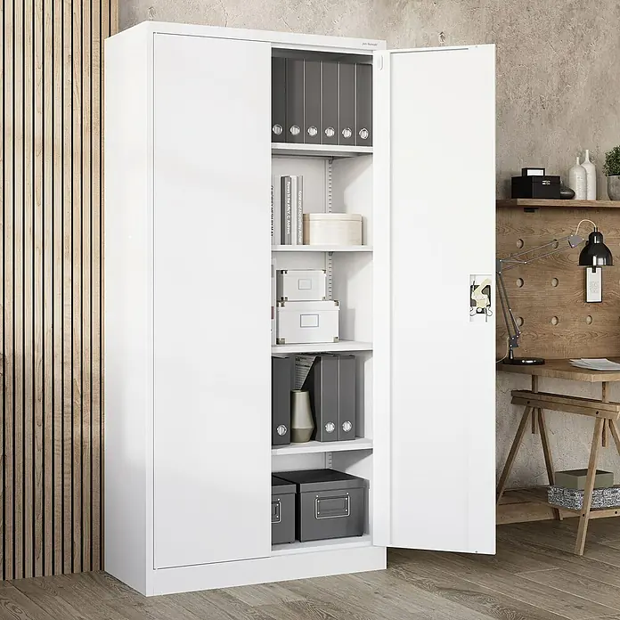 Jan Nowak Aktenschrank Jan - B x T x H: 90 x 40 x 185 cm, Weiß - Weißer Metallschrank mit offenen Türen, zeigt organisierte Regale gefüllt mit Ordnern, Boxen und Büchern, geeignet zur Büroaufbewahrung.