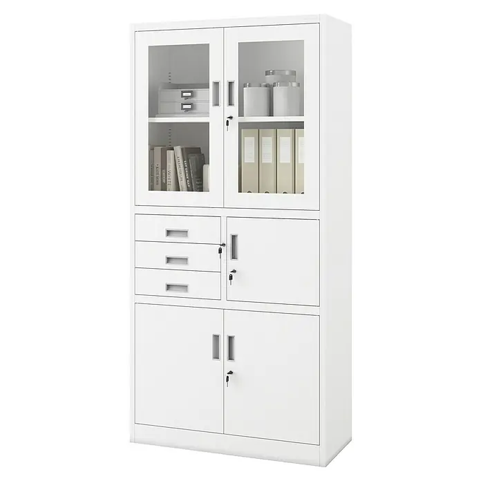 Jan Nowak Aktenschrank Filip - B x T x H: 90 x 40 x 185 cm, Weiß - Weißer Metallschrank mit Glastüren, Schubladen und blickdichten Türen, alle abschließbar.