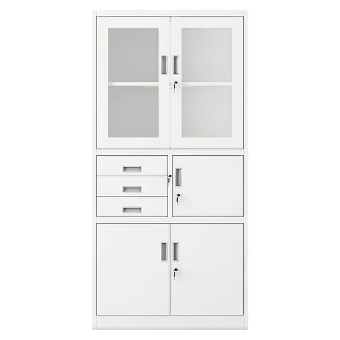 Jan Nowak Aktenschrank Filip - B x T x H: 90 x 40 x 185 cm, Weiß - Weißer Metallschrank mit Glas- und Volltüren sowie drei Schubladen. Mit Griffen und Türschlössern.