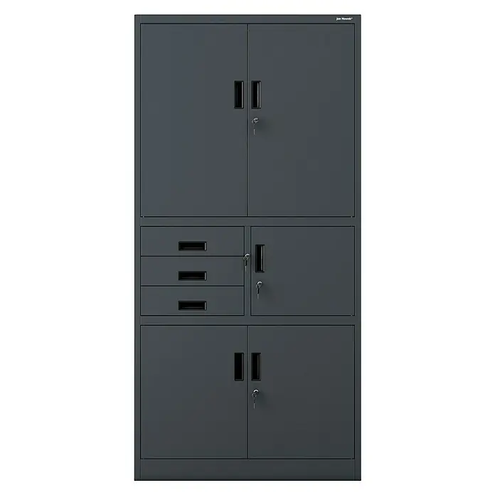 Jan Nowak Aktenschrank Filip II - B x T x H: 90 x 40 x 185 cm, Anthrazit - Dunkelgrauer Metallschrank mit 6 Türen und 3 Schubladen, versehen mit schwarzen Griffen und teils mit Schlüsseln in den Schlössern.