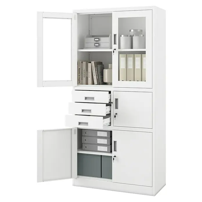 Jan Nowak Aktenschrank Filip - B x T x H: 90 x 40 x 185 cm, Weiß - Weißer Metallschrank mit verschiedenen Fächern, inkl. Glas- und Volltüren, Schubladen, teils abschließbar.