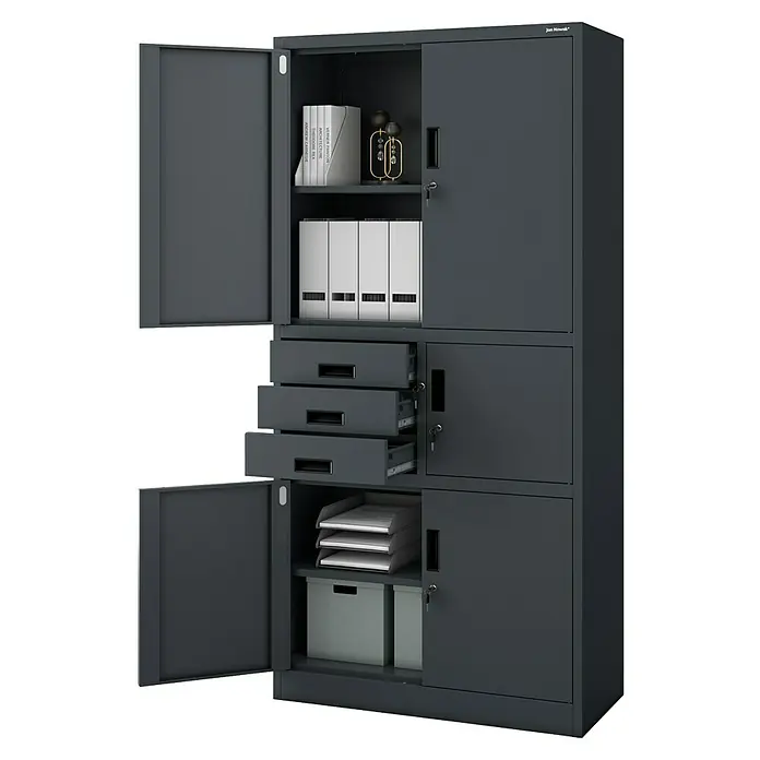 Jan Nowak Aktenschrank Filip II - B x T x H: 90 x 40 x 185 cm, Anthrazit - Dunkelgrauer Metall-Büroschrank mit offenen Türen und Schubladen, der Stauraum für Akten und Boxen zeigt.