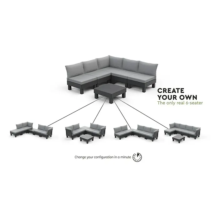 Keter Conjunto de muebles Elements - Número de personas máx.: 6, 7 pzs., Polipropileno, Negro/Gris - Imagen de un conjunto de salón modular con diferentes opciones de configuración y una mesa de centro a juego.