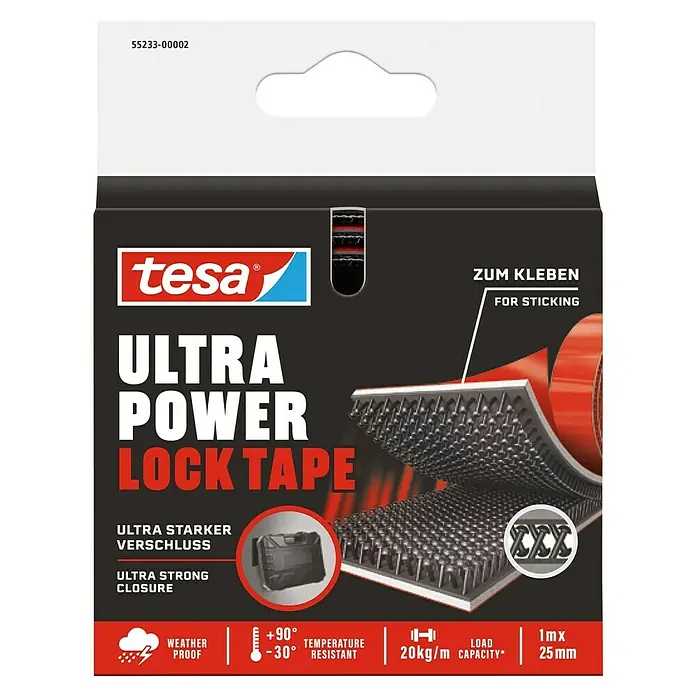 Tesa Ultra Power Klettpad Lock Tape - L x B: 1 m x 25 mm, Schwarz - Produktabbildung von Tesa Ultra Power Lock Tape, ein starkes Klettband zum Kleben, wetterfest und temperaturbeständig, mit hoher Belastbarkeit.