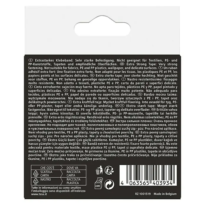 Tesa Ultra Power Klettpad Lock Tape - L x B: 1 m x 25 mm, Schwarz - Informationen zum Tesa Klebeband: Hinweise zur Anwendung auf Oberflächen und Entsorgungshinweise auf der Verpackung.