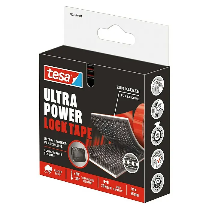 Tesa Ultra Power Klettpad Lock Tape - L x B: 1 m x 25 mm, Schwarz - Bild einer Verpackung Tesa Ultra Power Lock Tape, mit Angaben zu starkem Verschluss, Temperaturbeständigkeit und Belastbarkeit.