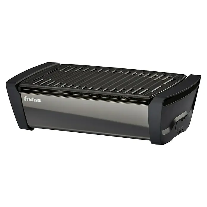 Enders Elektrogrill Aurora - MIrror-Schwarz, Grillfläche (B x T): 37 x 25 cm - Enders Elektrogrill mit schwarzem Rost und metallisch-silbernem Gehäuse, umrahmt von dunkelgrauen Endstücken.