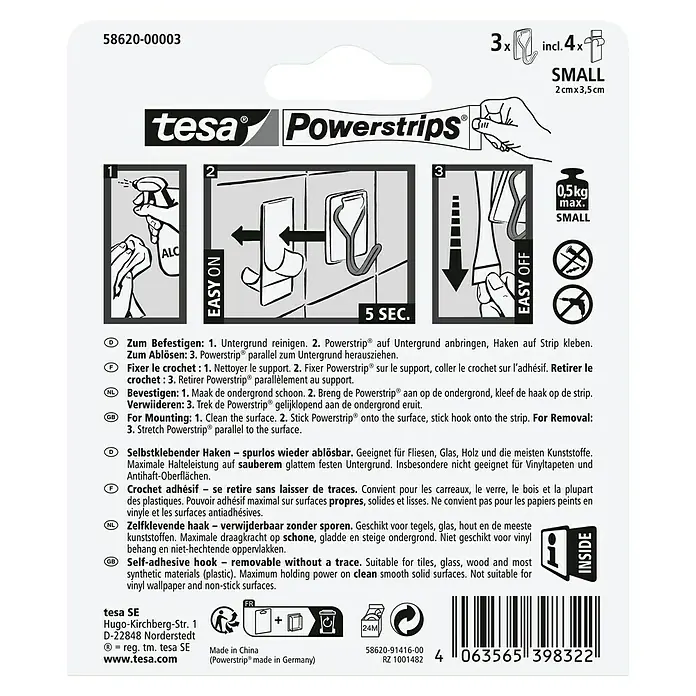 Tesa Powerstrips Selbstklebehaken - Eckig, Größe: S, Transparent, 3 Stk., Metall/Kunststoff - Tesa Powerstrips Anleitung.