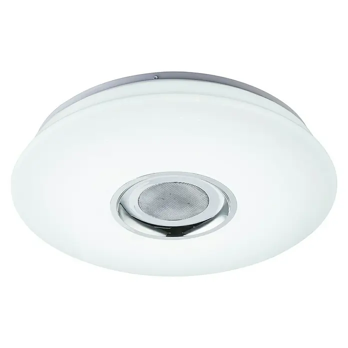 Globo LED-Deckenleuchte Nicole - 18 W, Opal, Weiß, Tageslichtweiß - Nahaufnahme einer runden LED-Deckenleuchte mit einem integrierten Lautsprecher in der Mitte, ideal für modernes Wohnen.