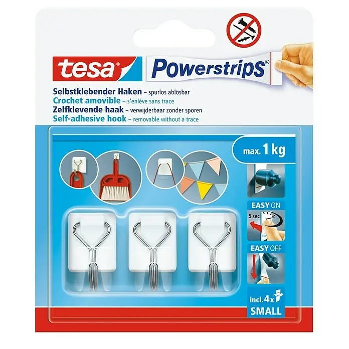 Tesa Powerstrips Selbstklebehaken - Eckig, Größe: S, Weiß, 3 Stk., Metall/Kunststoff - Tesa Powerstrips selbstklebende Haken: Praktische Haken zur einfachen und spurlosen Befestigung von Gegenständen bis zu 1 kg Gewicht.