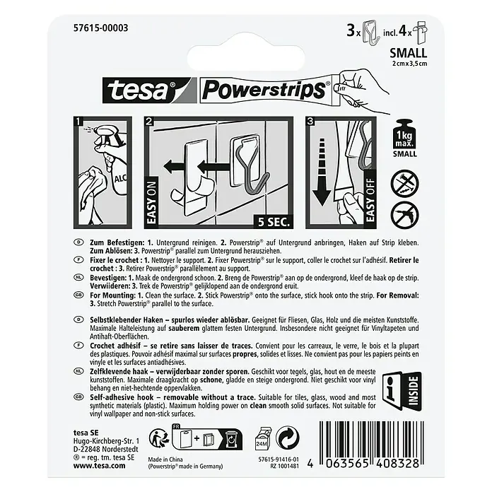 Tesa Powerstrips Selbstklebehaken - Eckig, Größe: S, Weiß, 3 Stk., Metall/Kunststoff - Tesa Powerstrips, selbstklebende Haken zum spurlosen Aufhängen von Objekten bis 1 kg auf glatten Oberflächen.