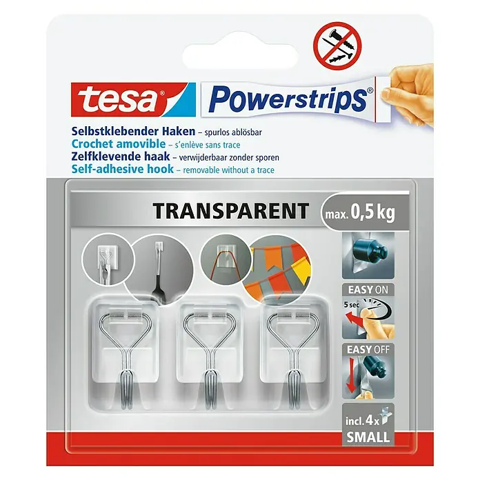 Tesa Powerstrips Selbstklebehaken - Eckig, Größe: S, Transparent, 3 Stk., Metall/Kunststoff - Tesa Powerstrips Haken, selbstklebend und transparent, für eine Last bis zu 0,5 kg, inklusive 4 kleinen Klebestreifen.