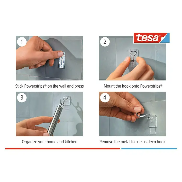 Tesa Powerstrips Klebehaken - Belastbarkeit: 500 g, Transparent, 3 Stk. - Anleitung zur Verwendung von Tesa Powerstrips® Haken: Anbringen der Klebestreifen, Montage des Hakens und Verwendung als Dekohaken.