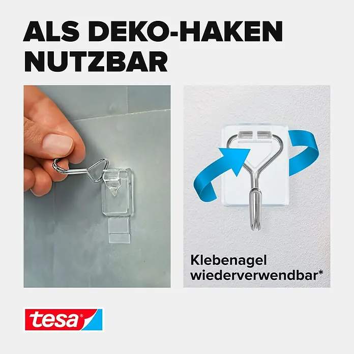 Tesa Powerstrips Selbstklebehaken - Eckig, Größe: S, Transparent, 3 Stk., Metall/Kunststoff - Tesa Klebenagel als Deko-Haken nutzbar. Wiederverwendbarer Klebenagel für flexible Dekorationen im Haus.