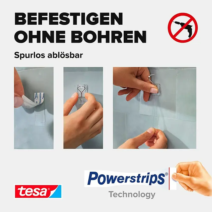 Tesa Powerstrips Selbstklebehaken - Eckig, Größe: S, Transparent, 3 Stk., Metall/Kunststoff - Das Bild zeigt die Tesa Powerstrips Technologie zur Befestigung ohne Bohren mit schrittweiser Anleitung zur Anwendung des Produkts.
