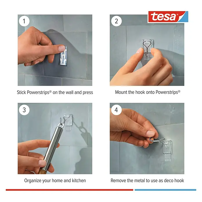 Tesa Powerstrips Klebehaken - Belastbarkeit: 500 g, Transparent, 3 Stk. - Anleitung zur Befestigung eines Tesa Powerstrips® Hakens: Anbringen der Streifen, Montage des Hakens, Organisation und Entfernen des Metalls.