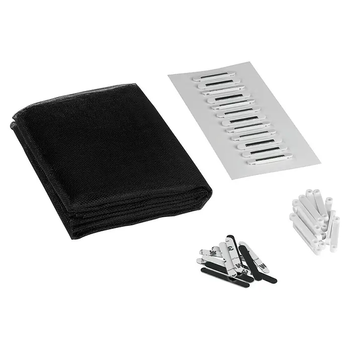 Easy Maxx Insektenschutz-Netz - B x H: 130 x 150 cm, Montage Insektengitter: Magnetisch anheften - Bild eines schwarzen Fliegengitters mit Befestigungszubehör, ideal zum Schutz vor Insekten.