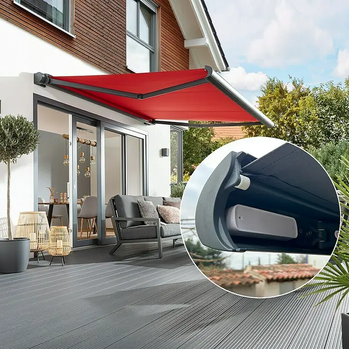Windsensor ALT-ET-WS - 147 x 39 x 25 mm, Passend für: Sunfun Vollkassettenmarkisen Elba - Terrassenmarkise in Rot mit grauem Rahmen, die Schatten spendet und das moderne Design des Hauses ergänzt. Detailaufnahme der Markisenmechanik.